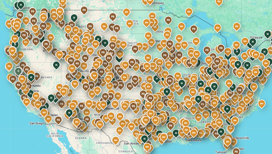 Horse Motel Finder map with horse-friendly layover pins